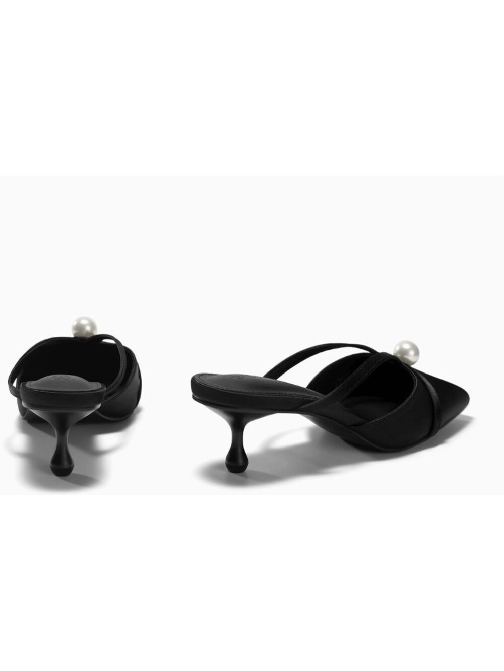 Women's Black Pearl Kitten Heels Closed Pointed Toe Satin Mules Sandals - Picture 6 of 6